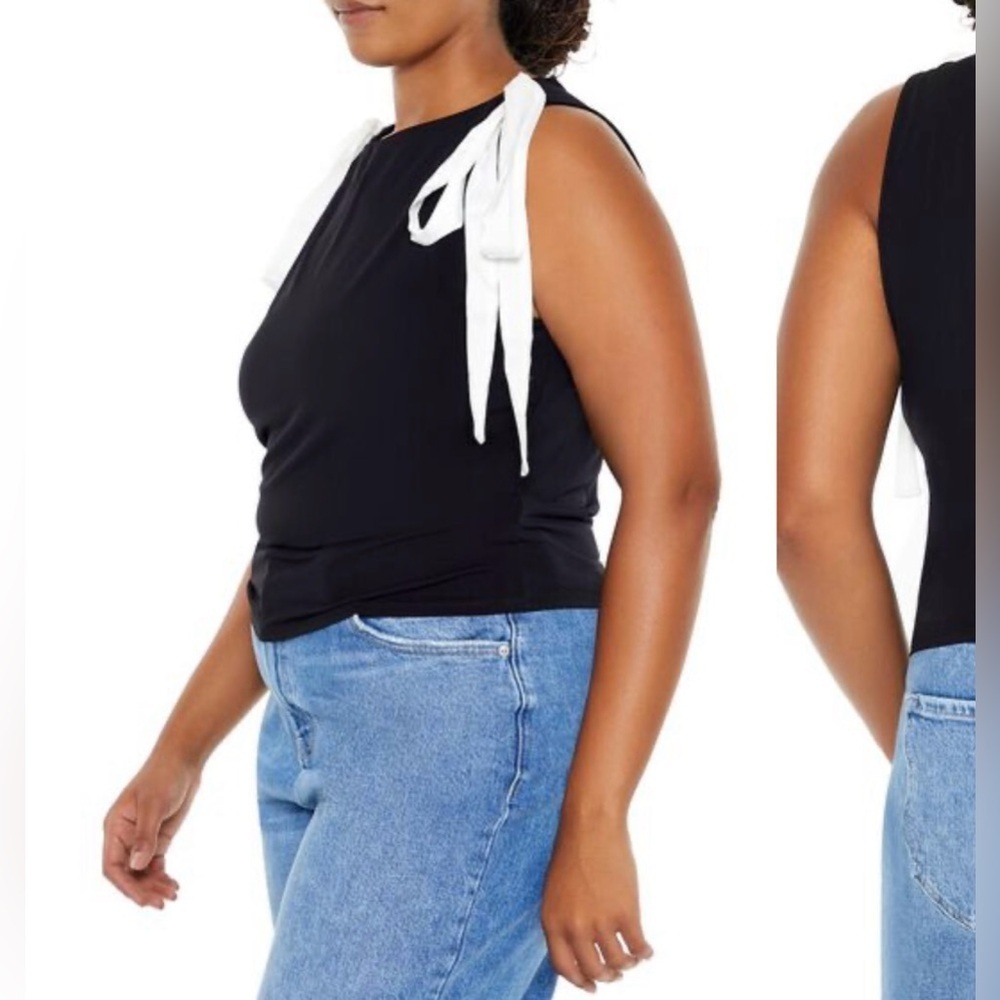 FOREVER 21+ Plus 0X XL Black Tank White Bow Shoulder Ties R$20 NWT - Picture 2 of 4